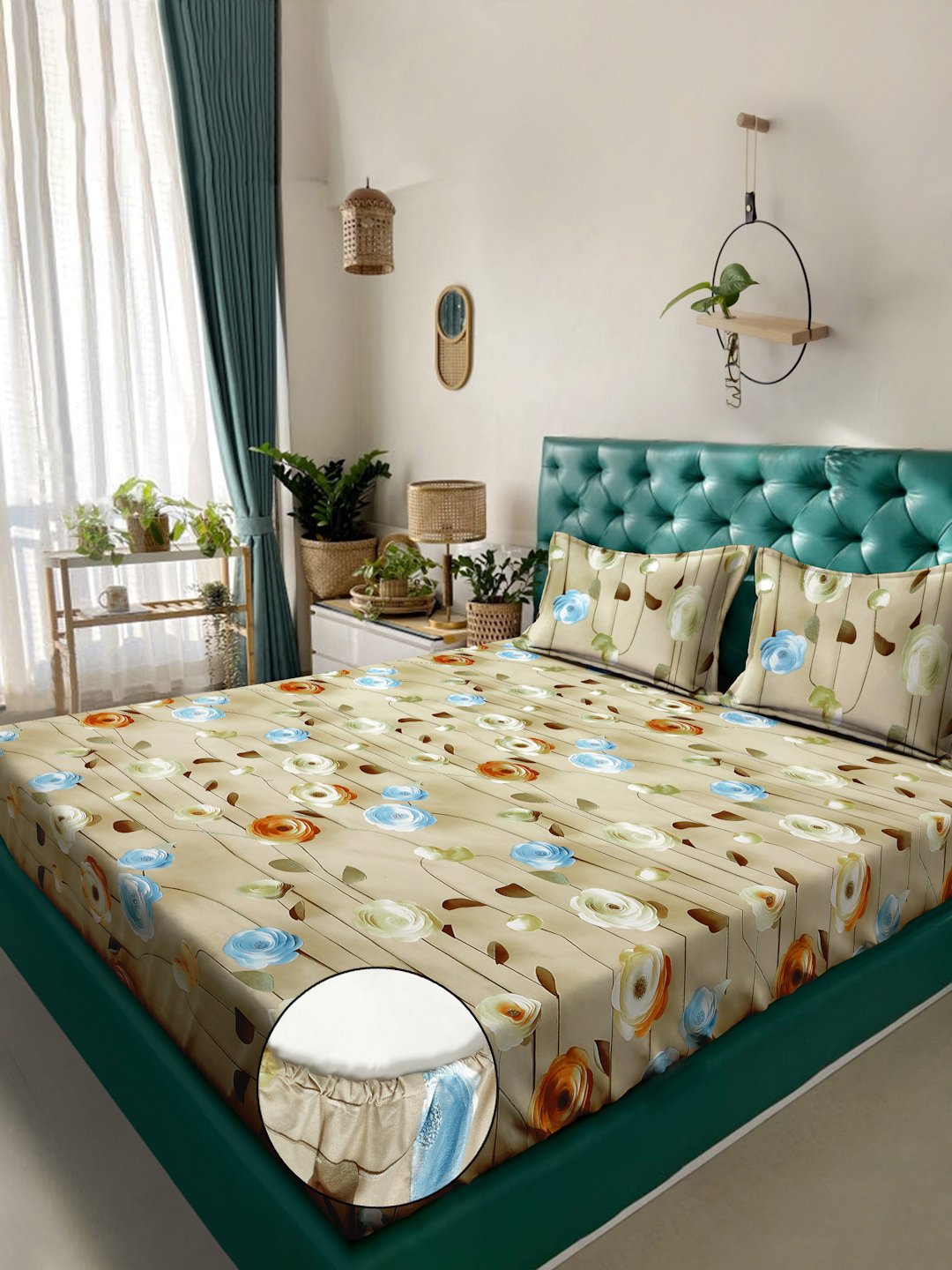 Beige Floral 7D King Size Cotton Blend Fitted Double Bedsheet with 2 Pillow Covers