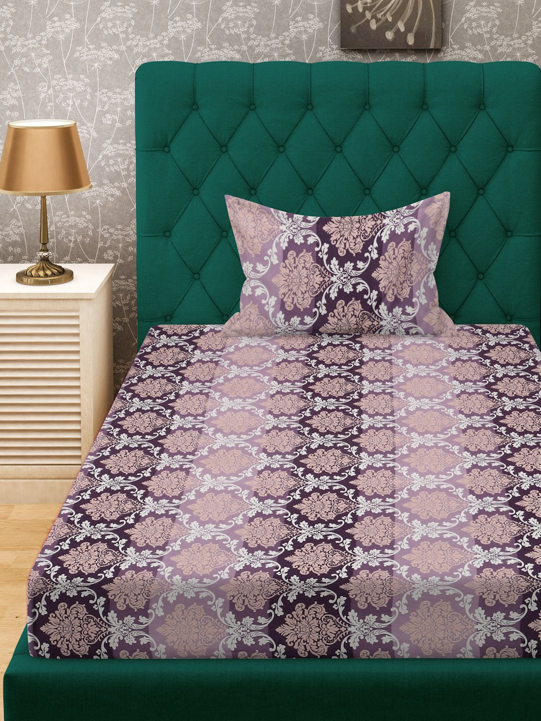 Purple Floral 300 TC Cotton Blend Single Bedsheet Set in Book Fold Packing