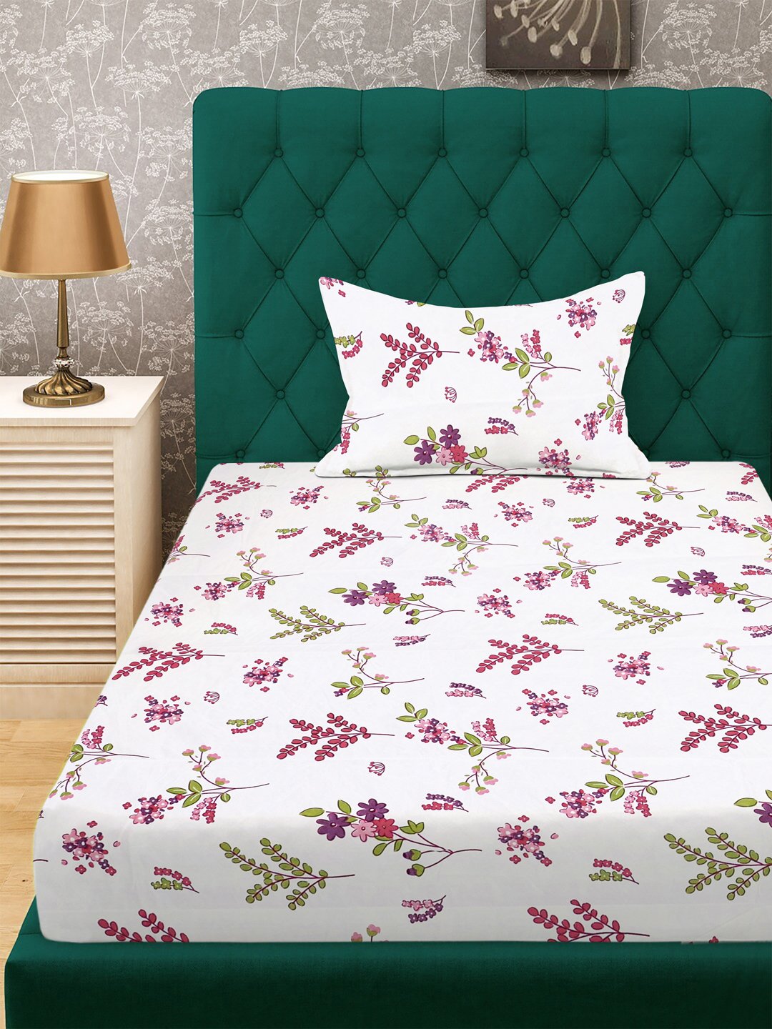 White Floral 300 TC Cotton Blend Fitted Single Bedsheet with Pillow Cover
