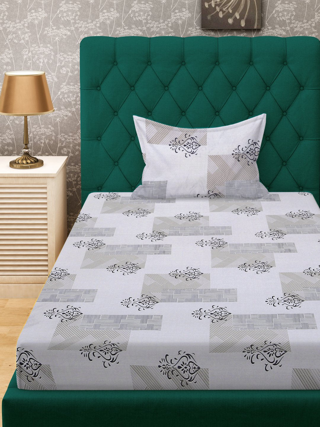 Grey Ethnic Motifs 300 TC Cotton Blend Fitted Single Bedsheet in Book Fold Packing