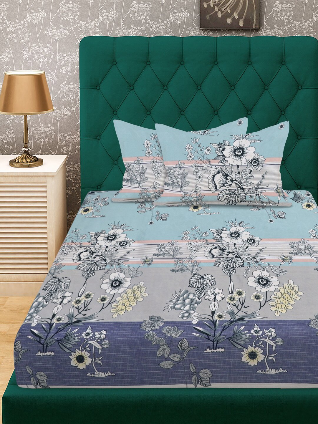 Multi Floral 300 TC Cotton Blend Single Bedsheet with 2 Pillow Covers