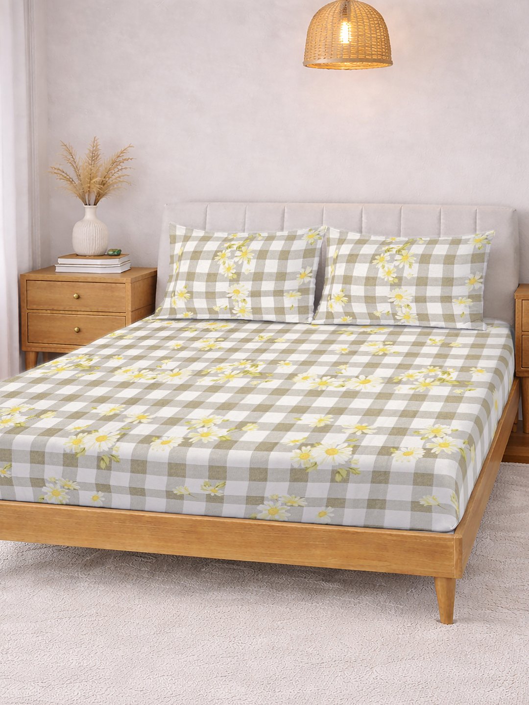 Beige Floral Cotton Blend Fitted Double Bedsheet with 2 Pillow Covers