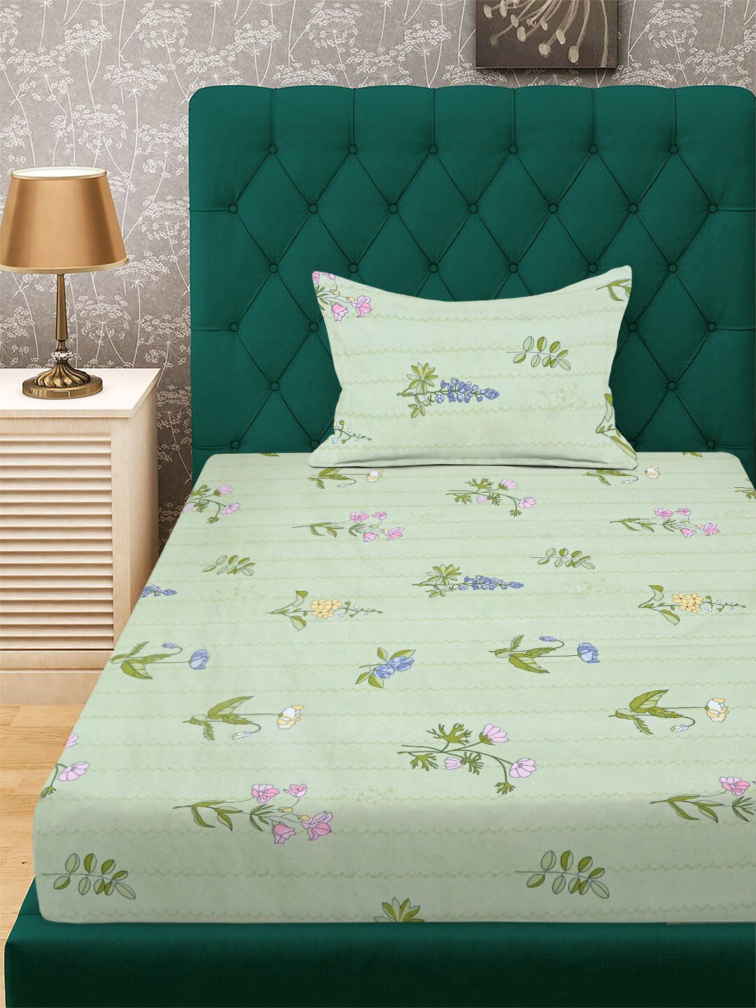 Green Floral 300 TC Cotton Blend Single Bedsheet with Pillow Cover
