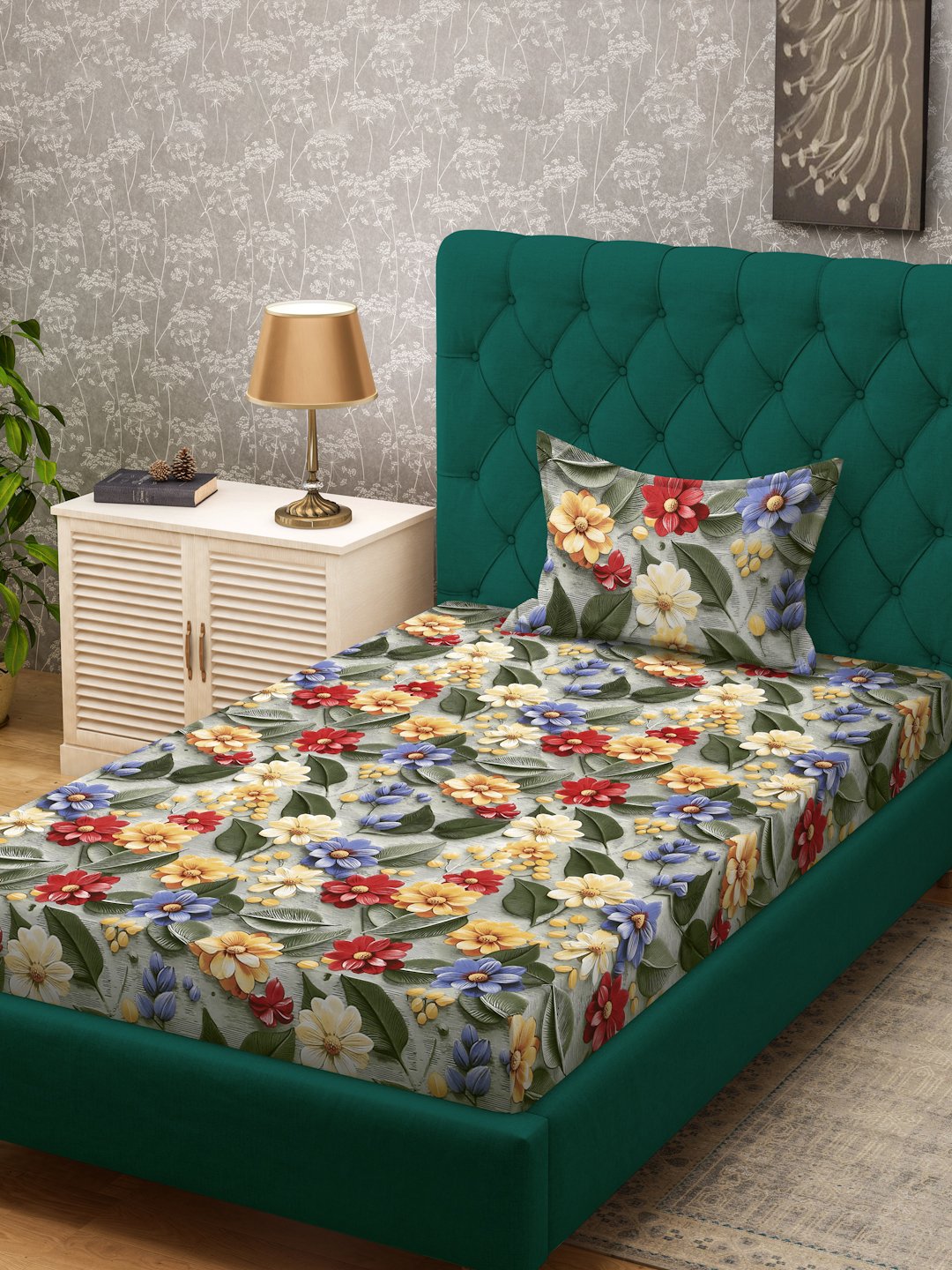 Green Floral 7D Cotton Blend Single Bedsheet with Pillow Cover