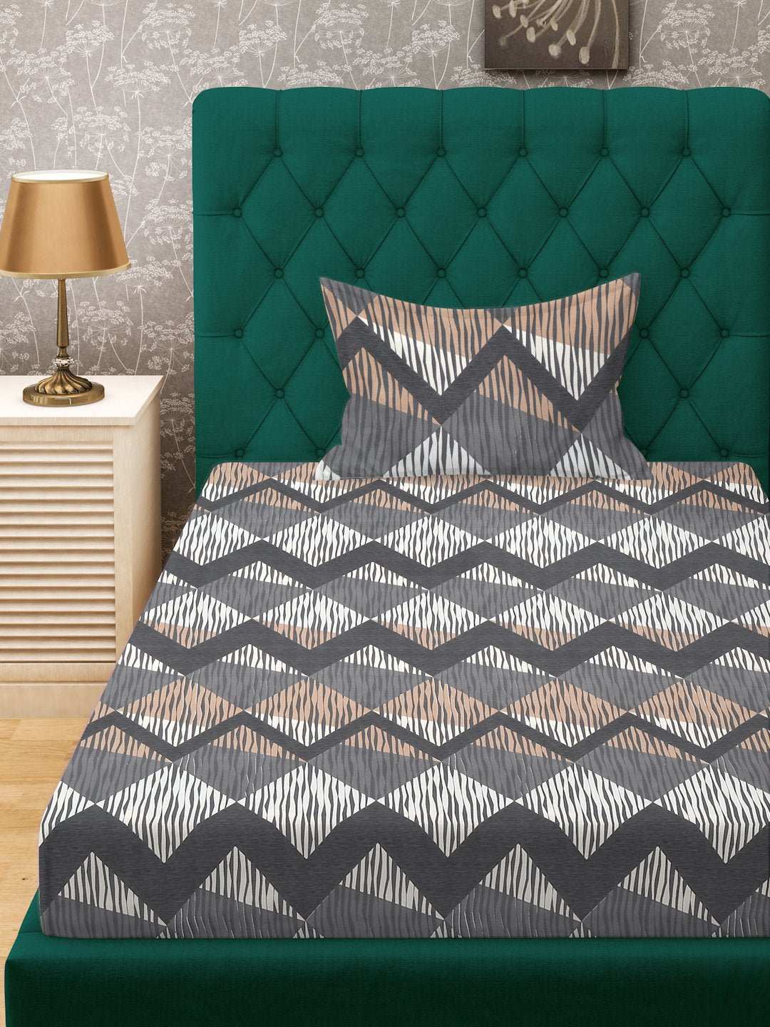 Grey Geometric 300 TC Cotton Blend Fitted Single Bedsheet with Pillow Cover