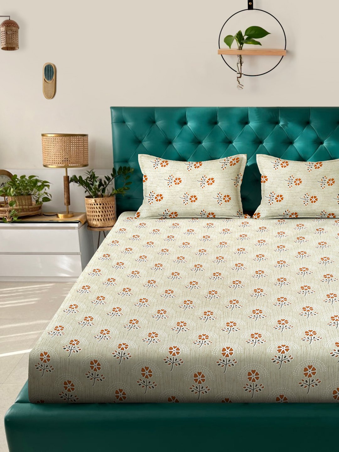 Yellow Floral 400 TC Pure Cotton Double Bedsheet with 2 Pillow Covers