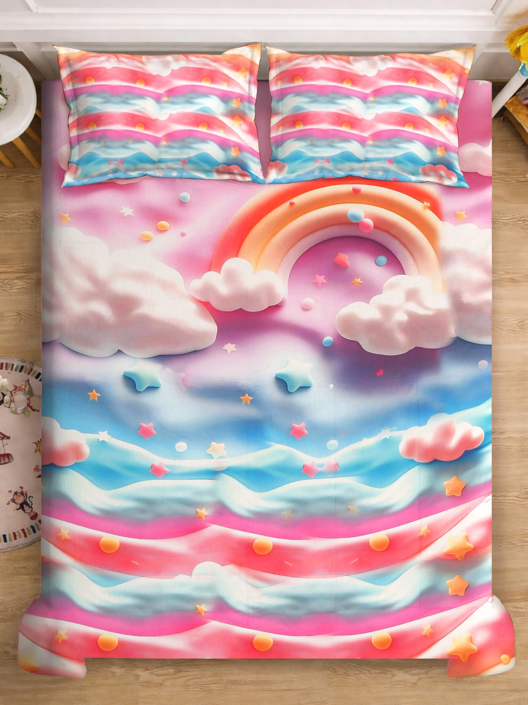 Multi 7D Cartoon Characters Printed Fitted Cotton Blend Double Bedsheet with 2 Pillow Covers