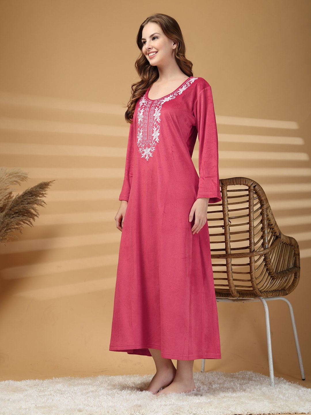 Klotthe Red Solid Soft touch Velvet Maxi Nightdress