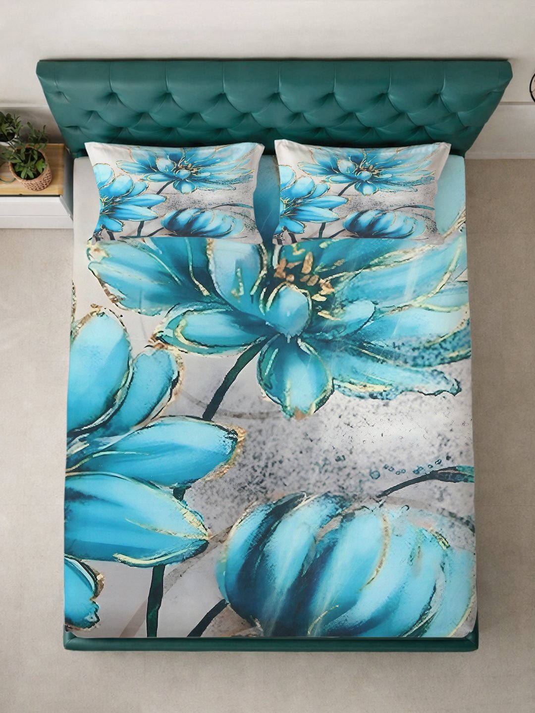 Turquoise Digital Floral Printed Cotton Blend Fitted Fitted Double Bedsheet with 2 Pillow Covers