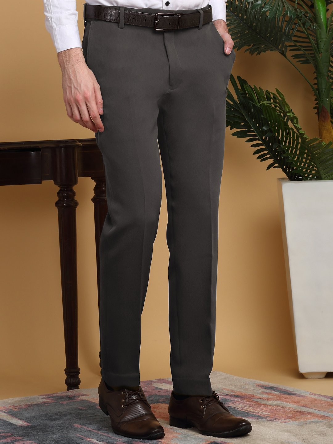 Brown Lycra Cotton Elastic Solid Slim Fit Formal Trouser