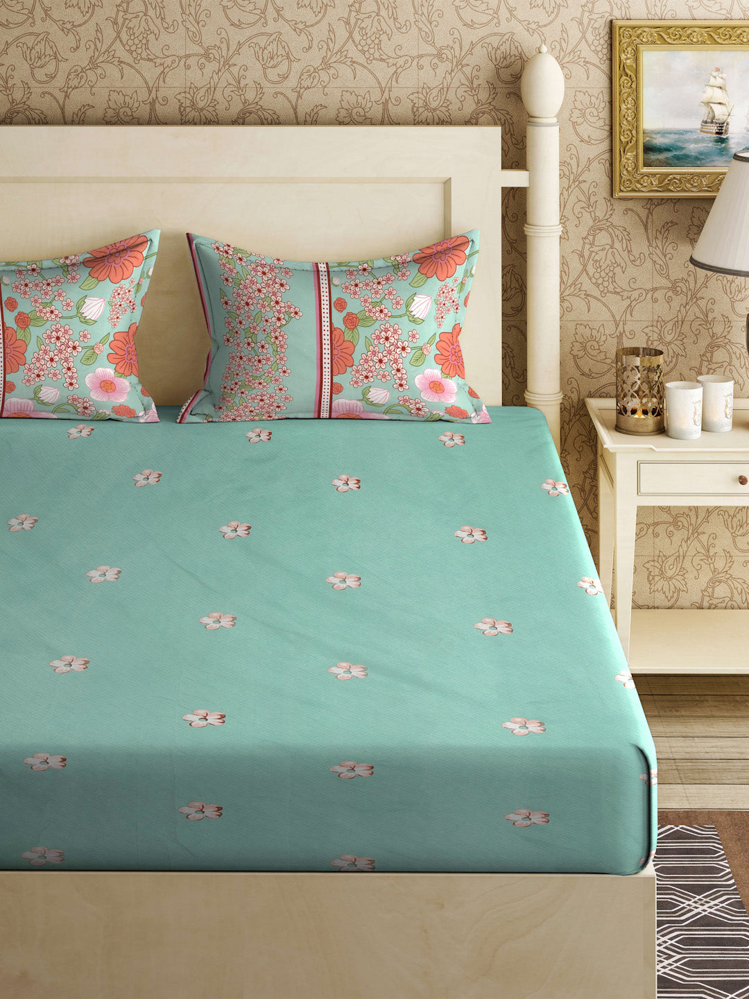 Klotthe Green Floral 300 TC Cotton Blend Double Bedsheet with 2 Pillow Covers