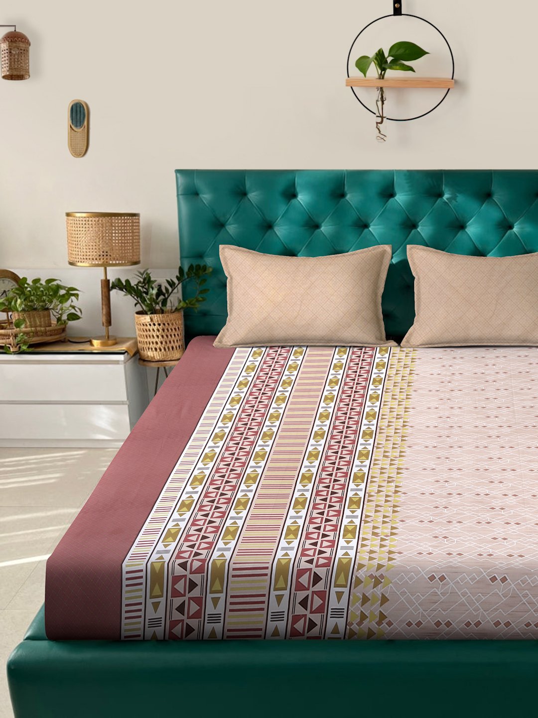 Beige Ethnic Motifs 400 TC Pure Cotton Super King Fitted Double Bedsheet with 2 Pillow Covers