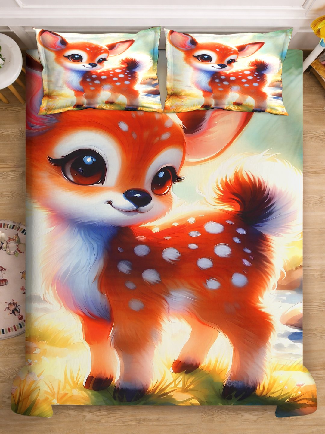 Orange 7D Animal Printed Fitted Cotton Blend Double Bedsheet with 2 Pillow Covers