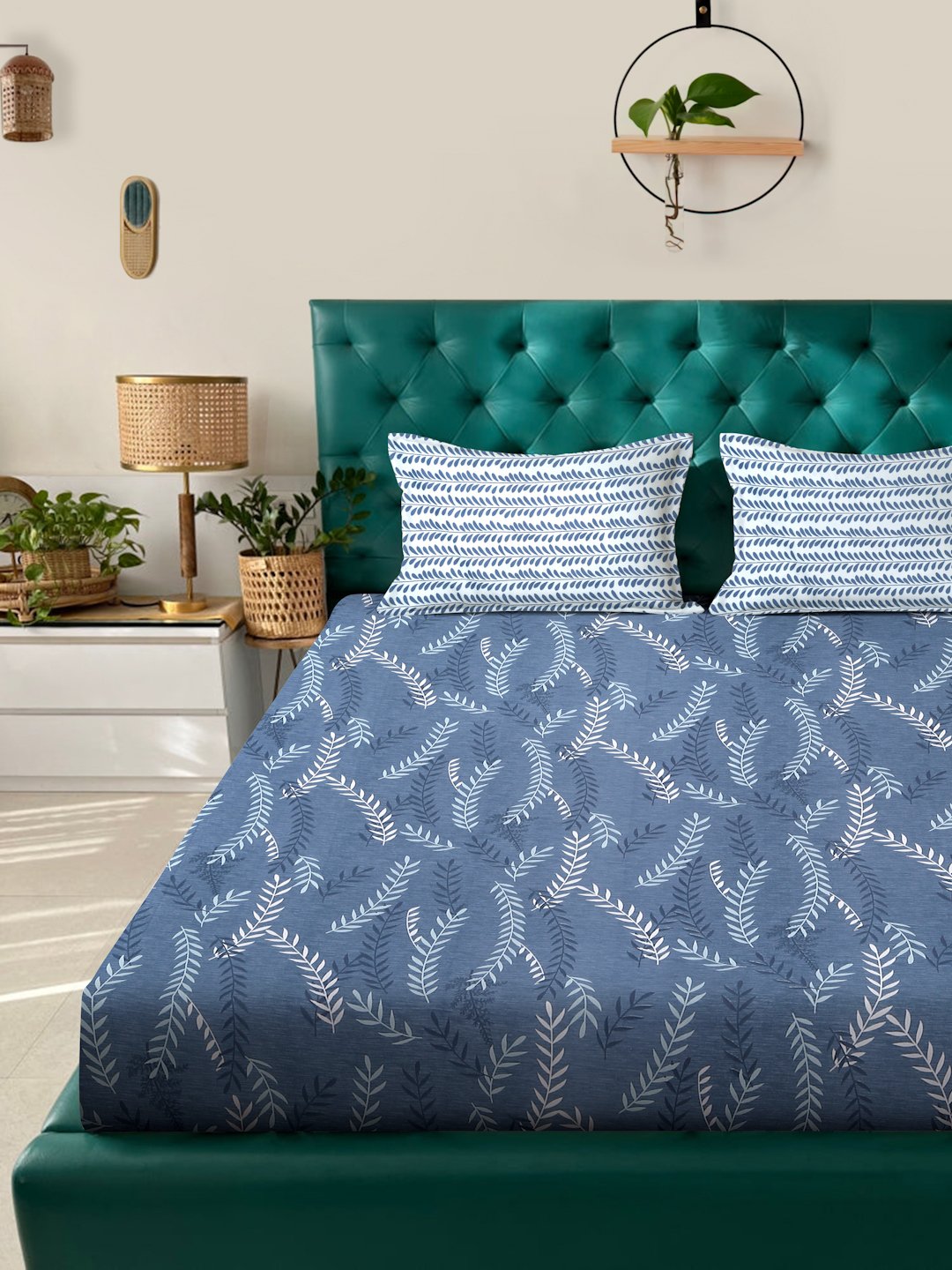 Blue Floral 300 TC Cotton Blend Double Bedsheet with 2 Pillow Covers