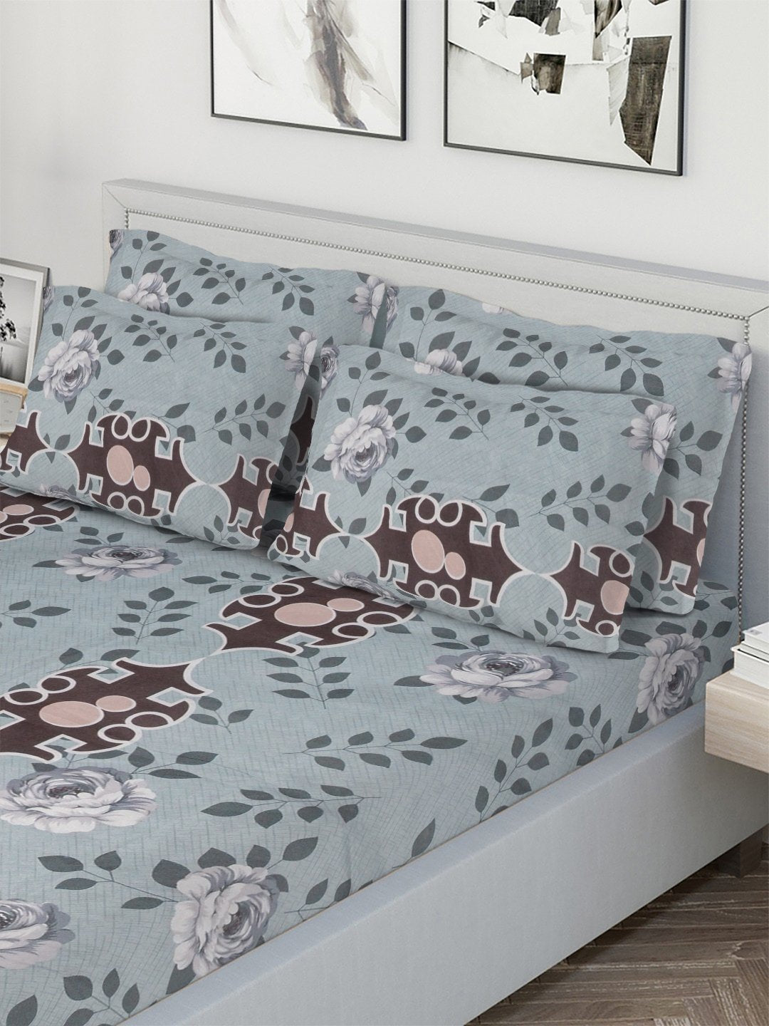 Multi Geometric 300 TC Cotton Blend Fitted Double Bedsheet with 4 Pillow Covers