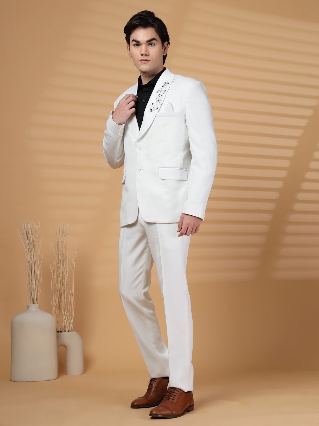White Solid Embroidery Single-Breasted Two-Piece Party Suit