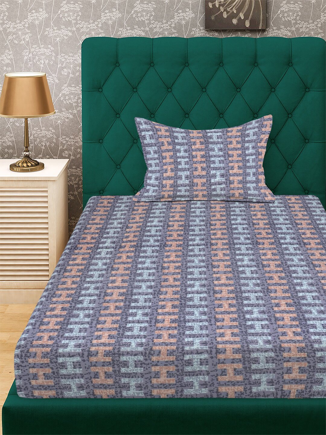 Purple Abstract 300 TC Cotton Blend Fitted Single Bedsheet with Pillow Cover