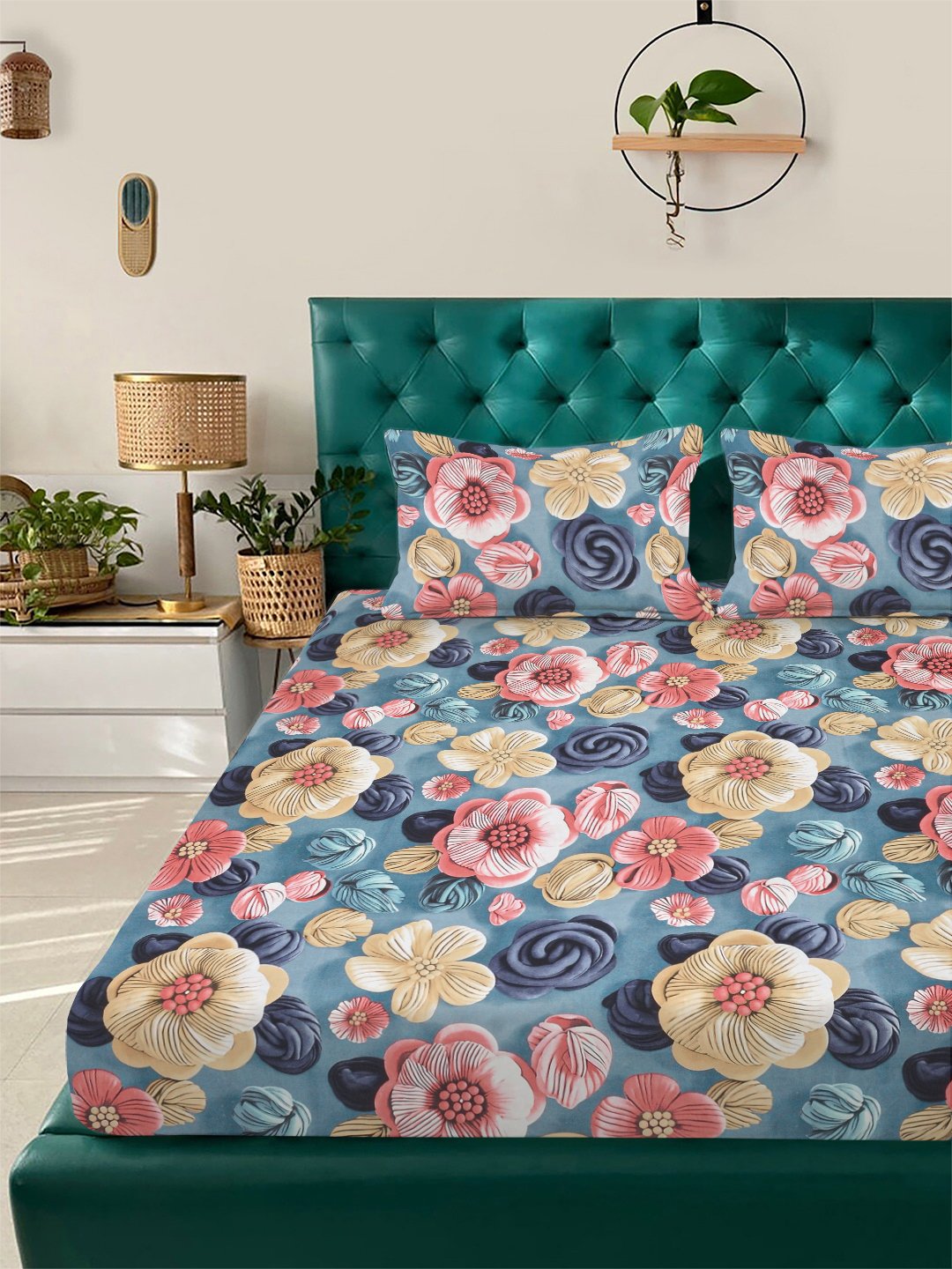 Blue Floral 7D King Size Cotton Blend Fitted Double Bedsheet with 2 Pillow Covers