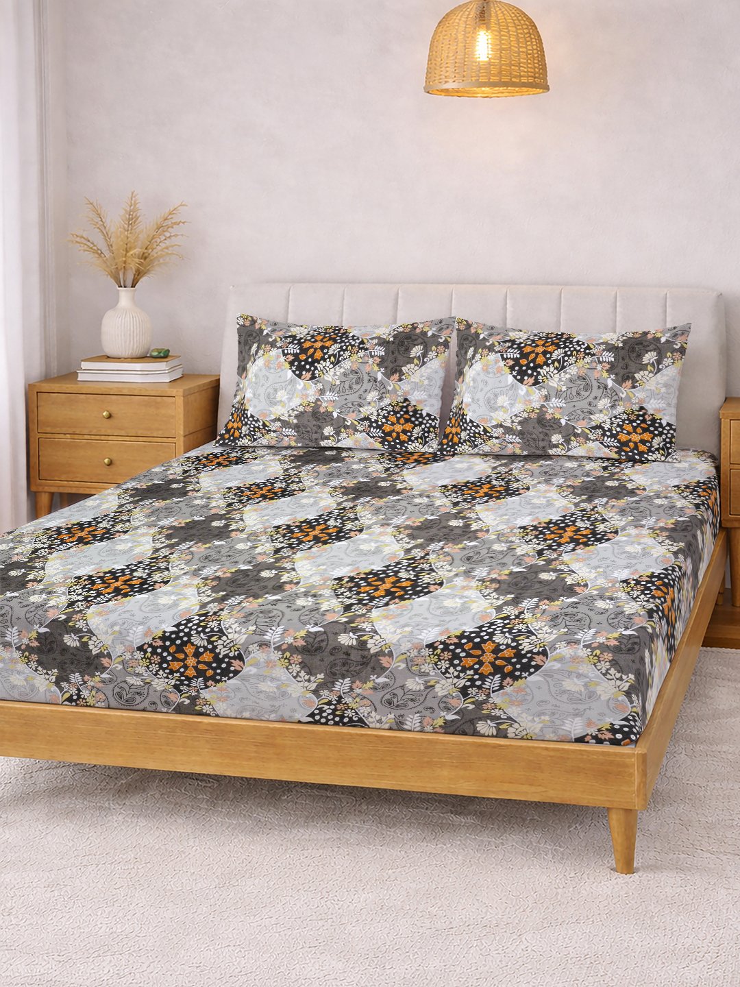 Grey Floral Cotton Blend Double Bedsheet with 2 Pillow Covers