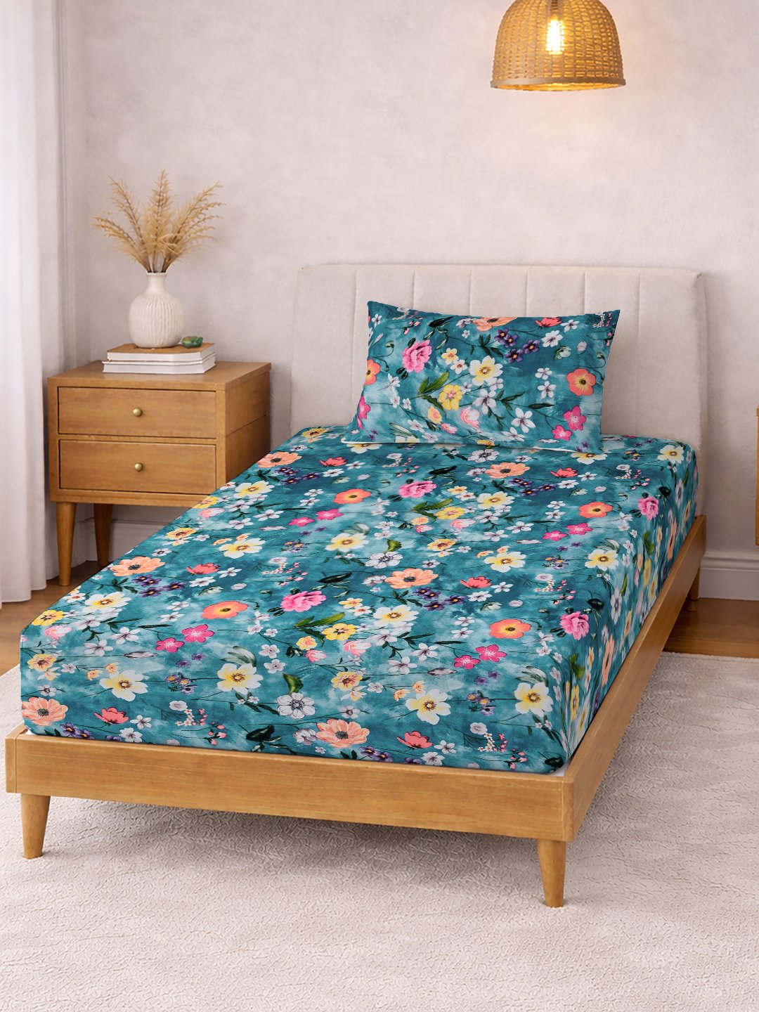 Blue Floral Cotton Blend Single Bedsheet with Pillow Cover