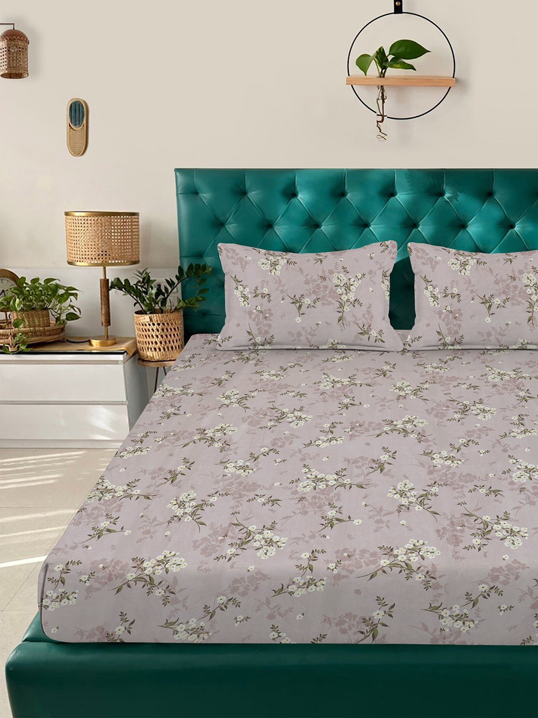 Brown Floral 300 TC Cotton Blend Double Bedsheet with 2 Pillow Covers