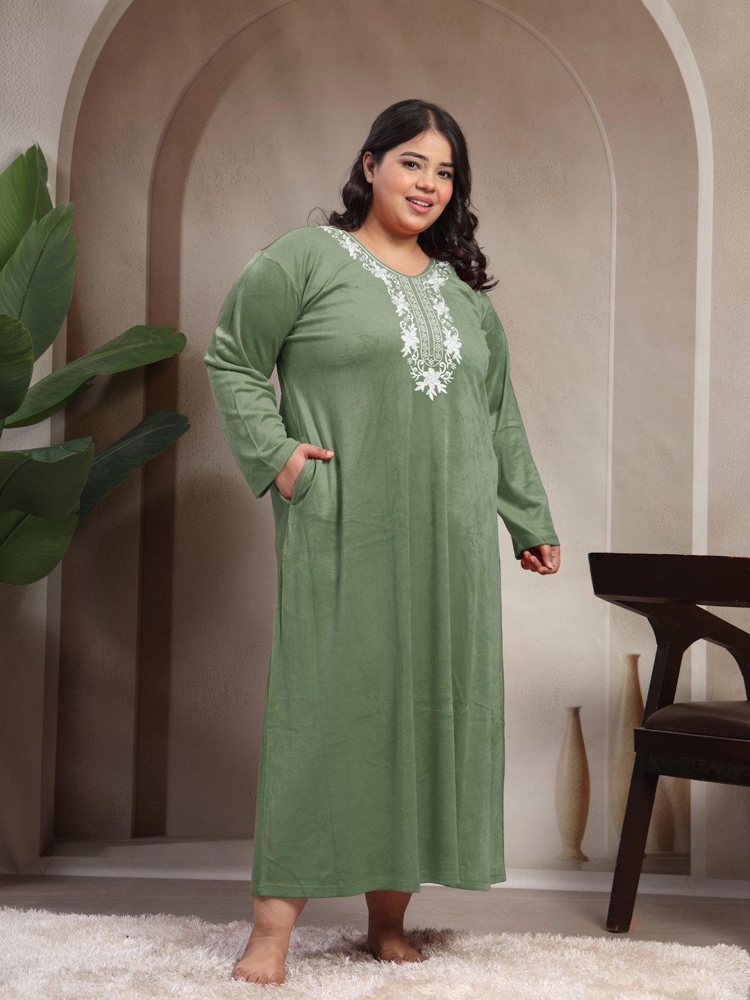 Klotthe Olive Solid Soft touch Velvet Maxi Nightdress