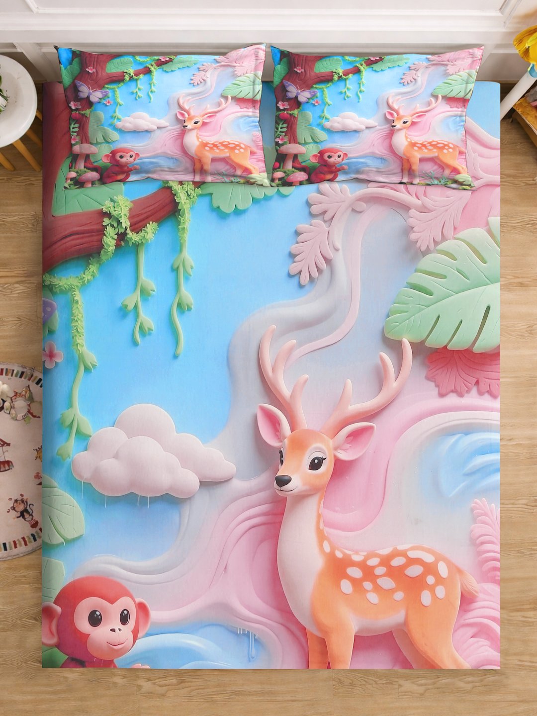 Multi Digital Animal Printed Cotton Blend Double Bedsheet with 2 Pillow Covers