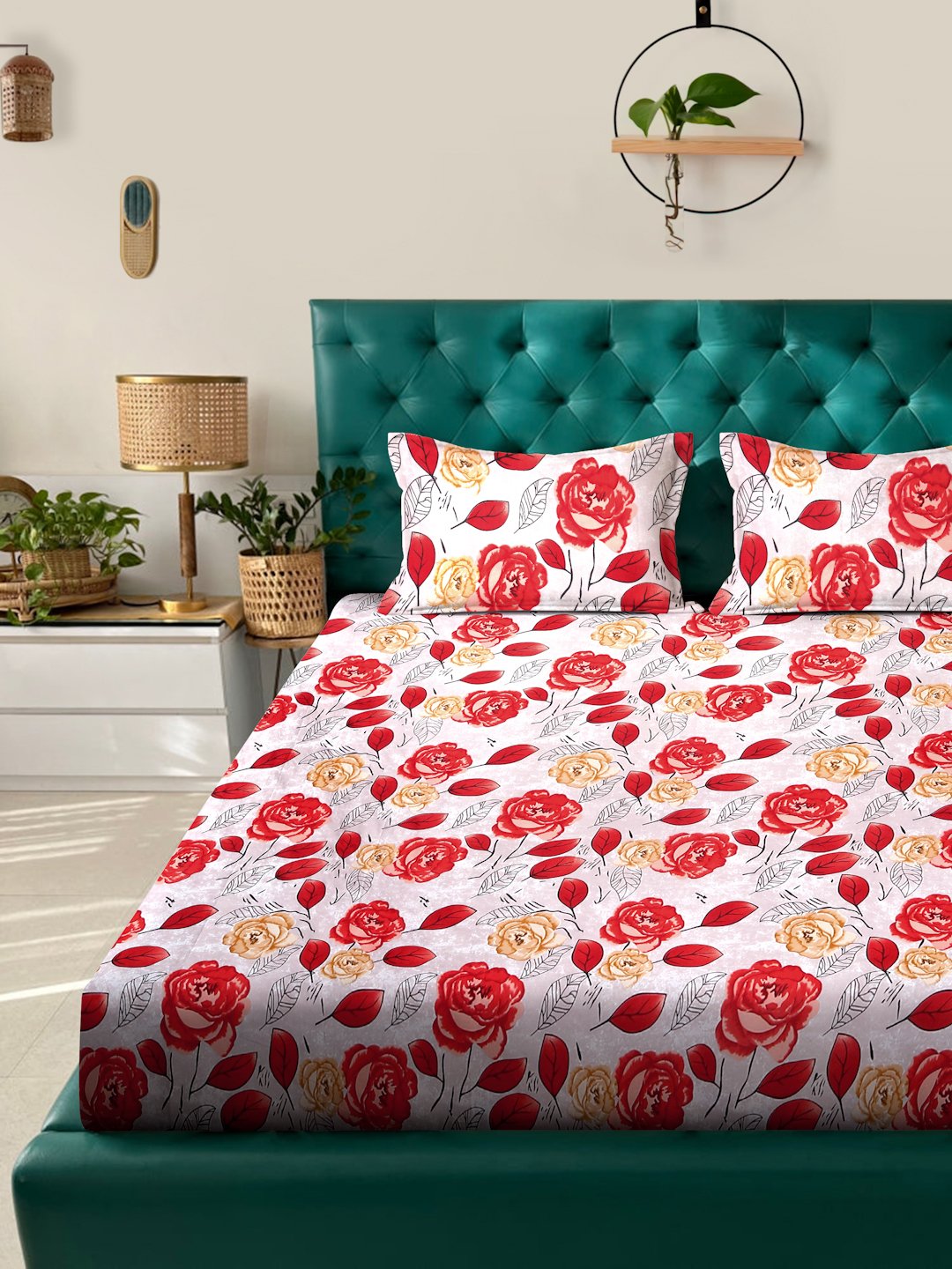Red Floral 300 TC Cotton Blend Fitted Super King Double Bedsheet with 2 Pillow covers