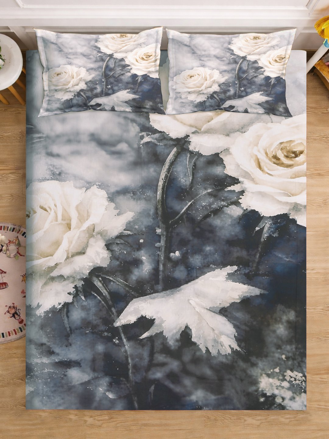 Grey Digital Floral Printed Cotton Blend Fitted Double Bedsheet with 2 Pillow Covers