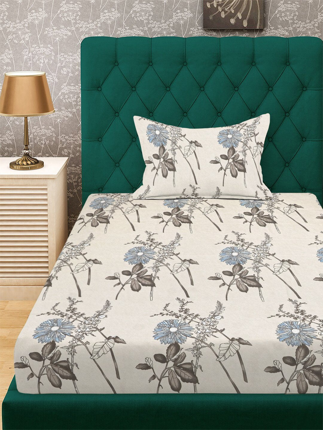 Cream Floral 300 TC Cotton Blend Fitted Single Bedsheet with Pillow Cover