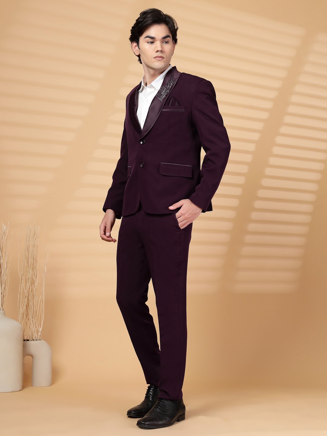 Wine Solid Embroidery Single-Breasted Two-Piece Party Suit