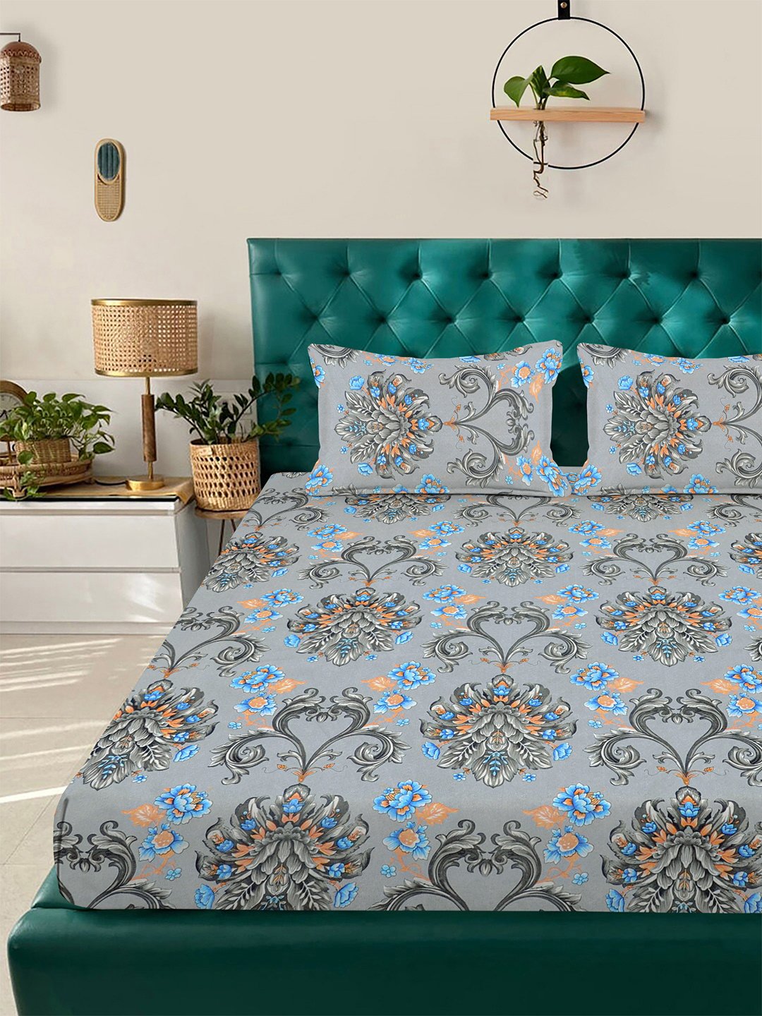 Grey Floral 300 TC Cotton Blend Double Bedsheet with 2 Pillow Covers
