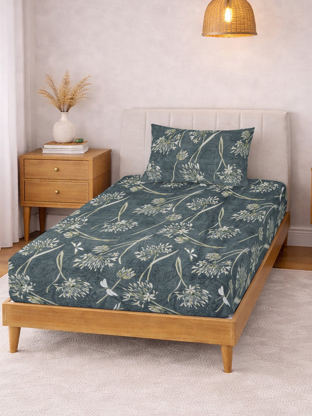 Green Floral Cotton Blend Single Bedsheet with Pillow Cover