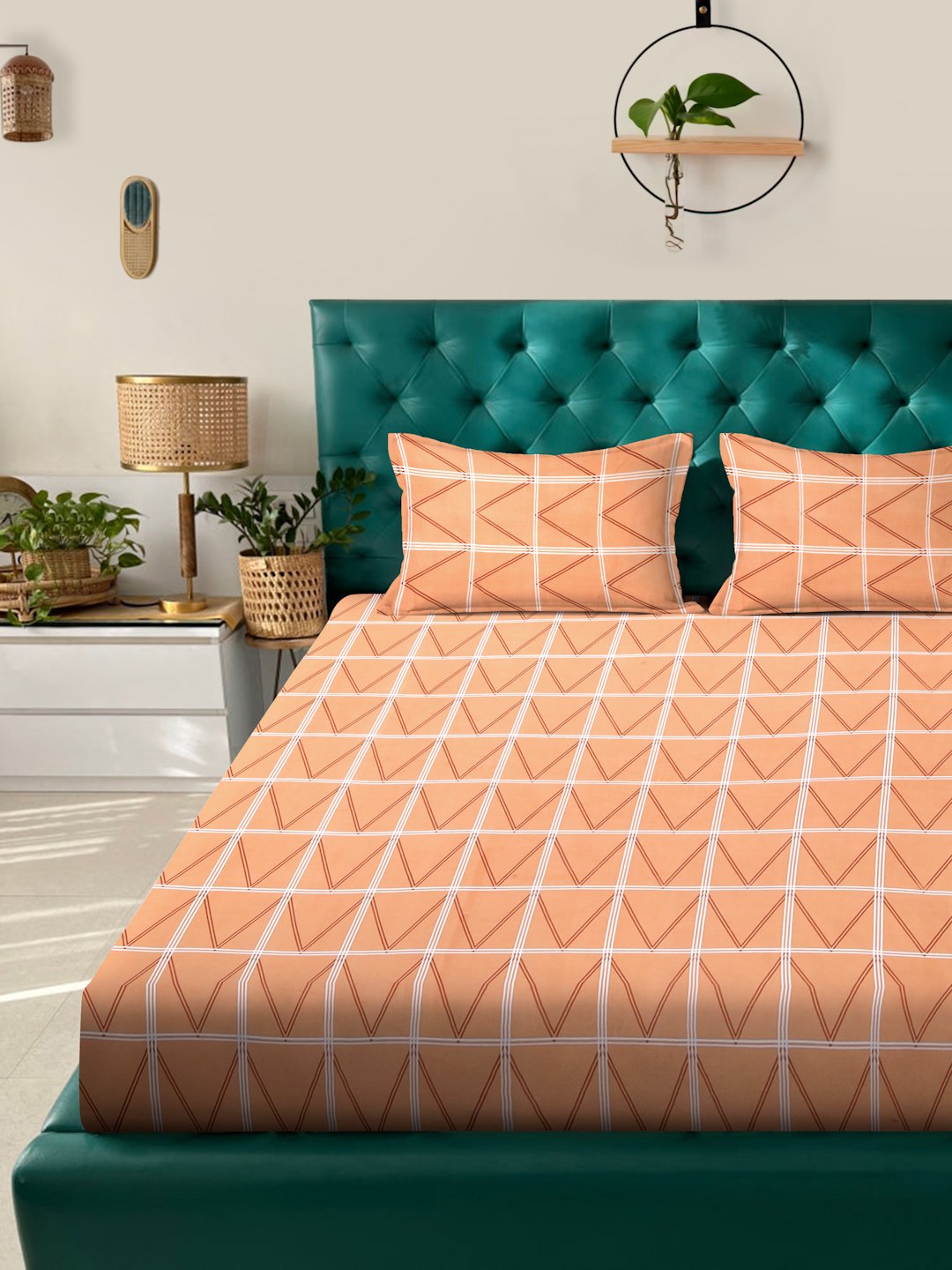 Orange Geometric 300 TC Cotton Blend Double Bedsheet in Book Fold Packing