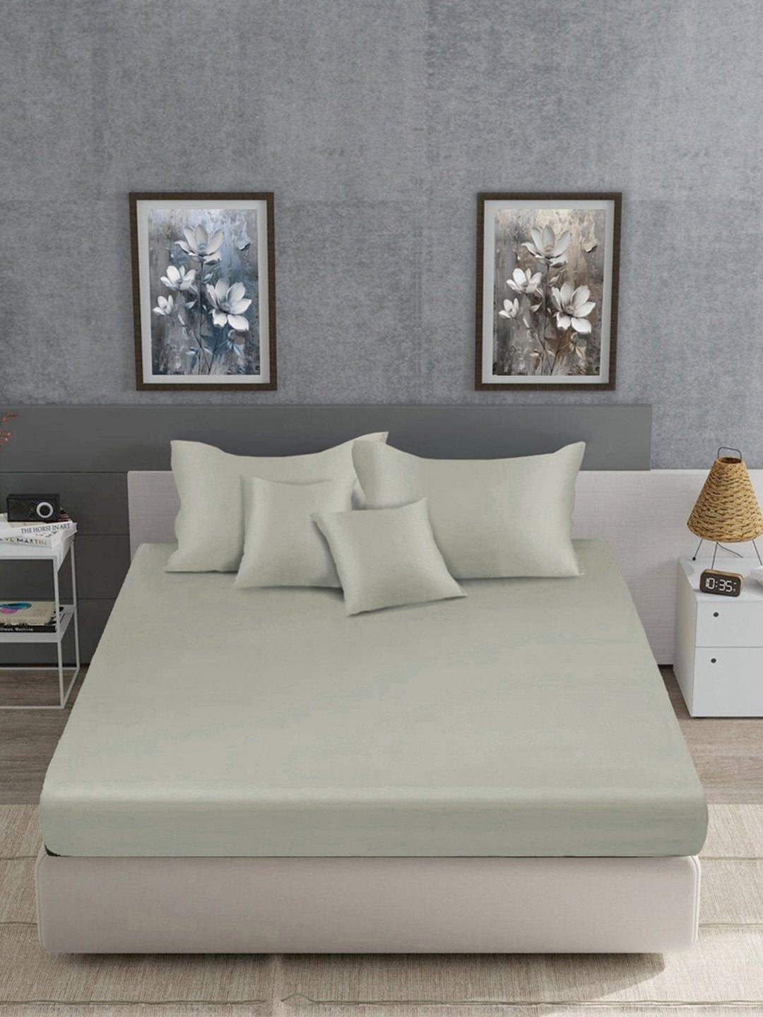 Cream Solid 400 TC Satin Super King Double Bedsheet with 2 Pillow Covers & 2 Cushion Covers