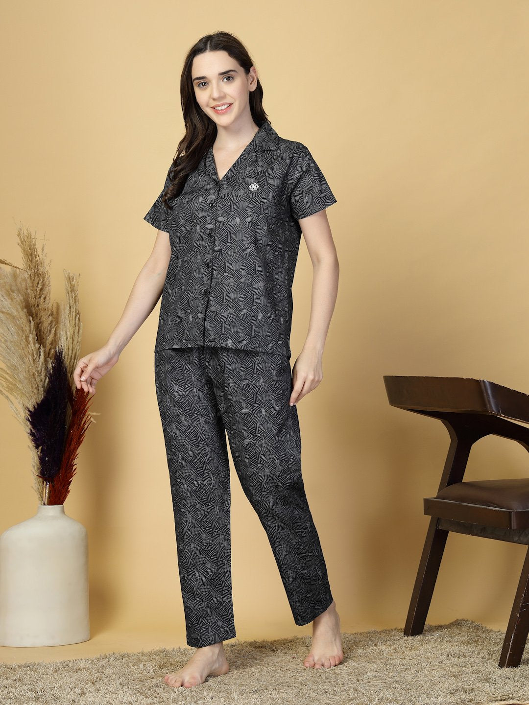 Women Black Abstract Pure Cotton Night Suit