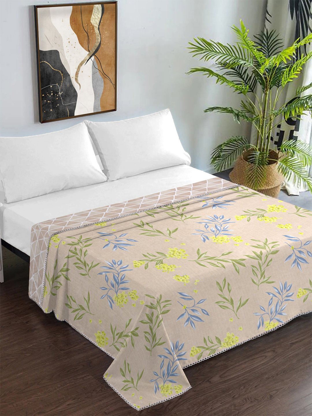 Beige Cotton Blend Floral Double Bed Dohar