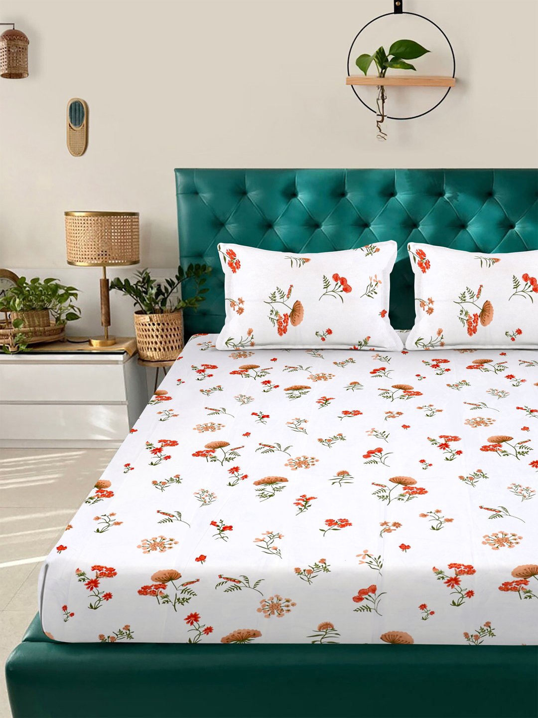 White Floral 300 TC Cotton Blend Fitted Double Bedsheet with 2 Pillow Covers
