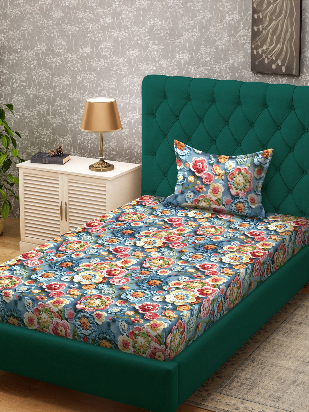 Blue Floral 7D Cotton Blend Single Bedsheet with Pillow Cover