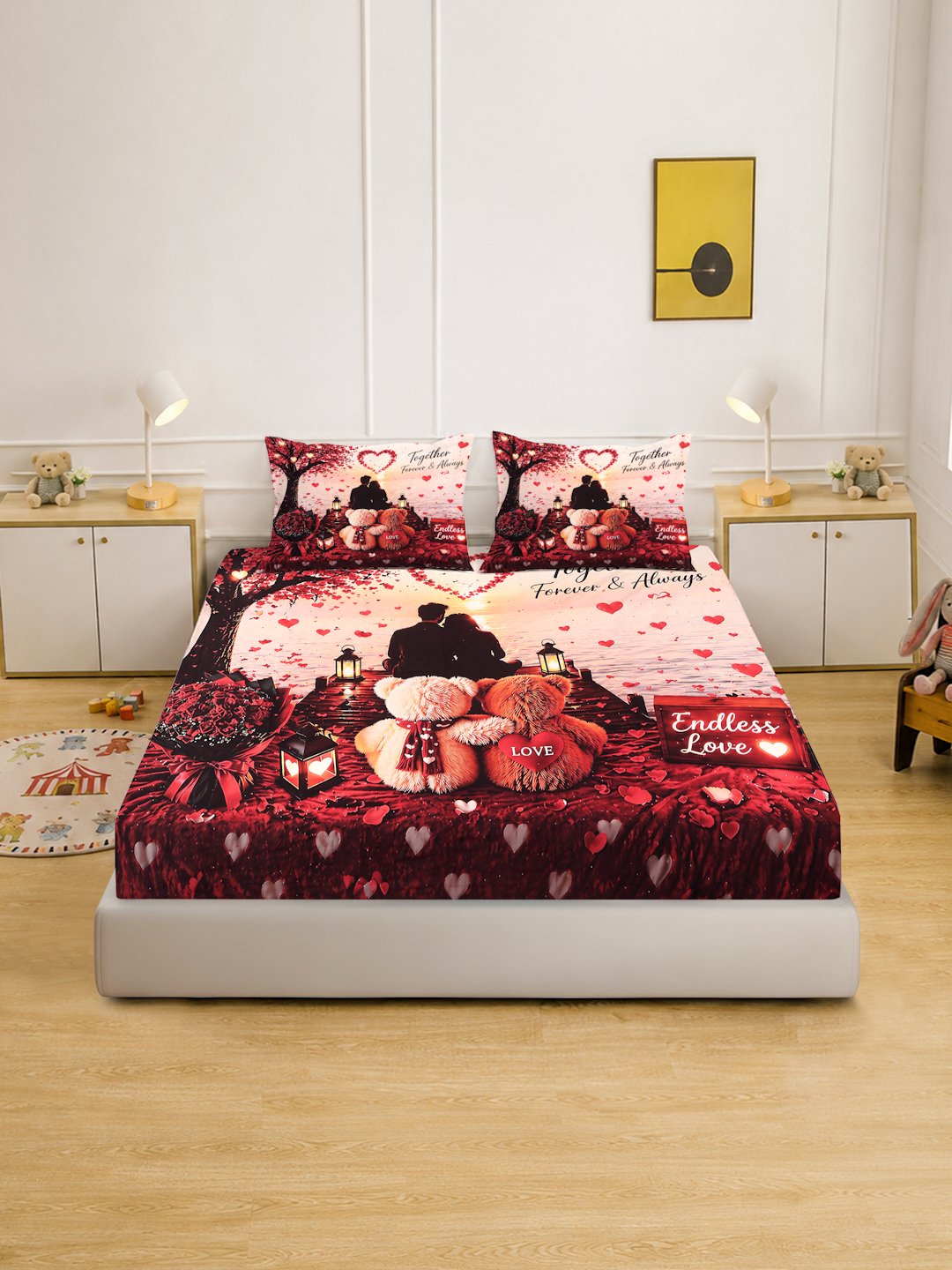 Digital Printed Red Conversational Cotton Blend Double Bedsheet with 2 Pillow Covers