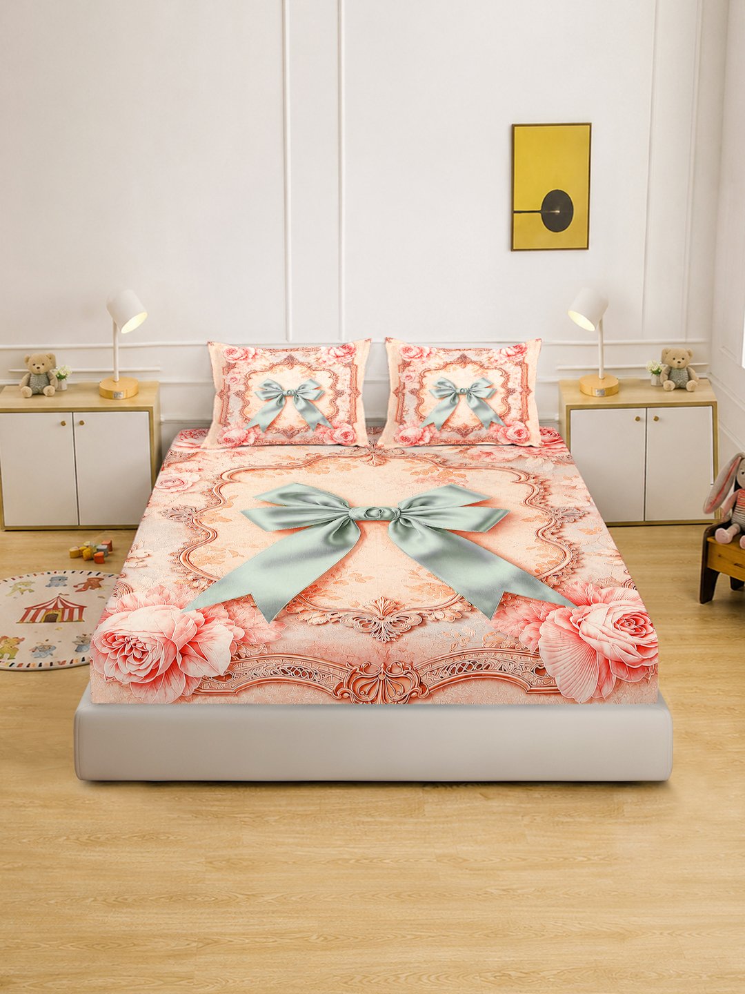 Digital Printed Peach Floral Cotton Blend Double Bedsheet with 2 Pillow Covers