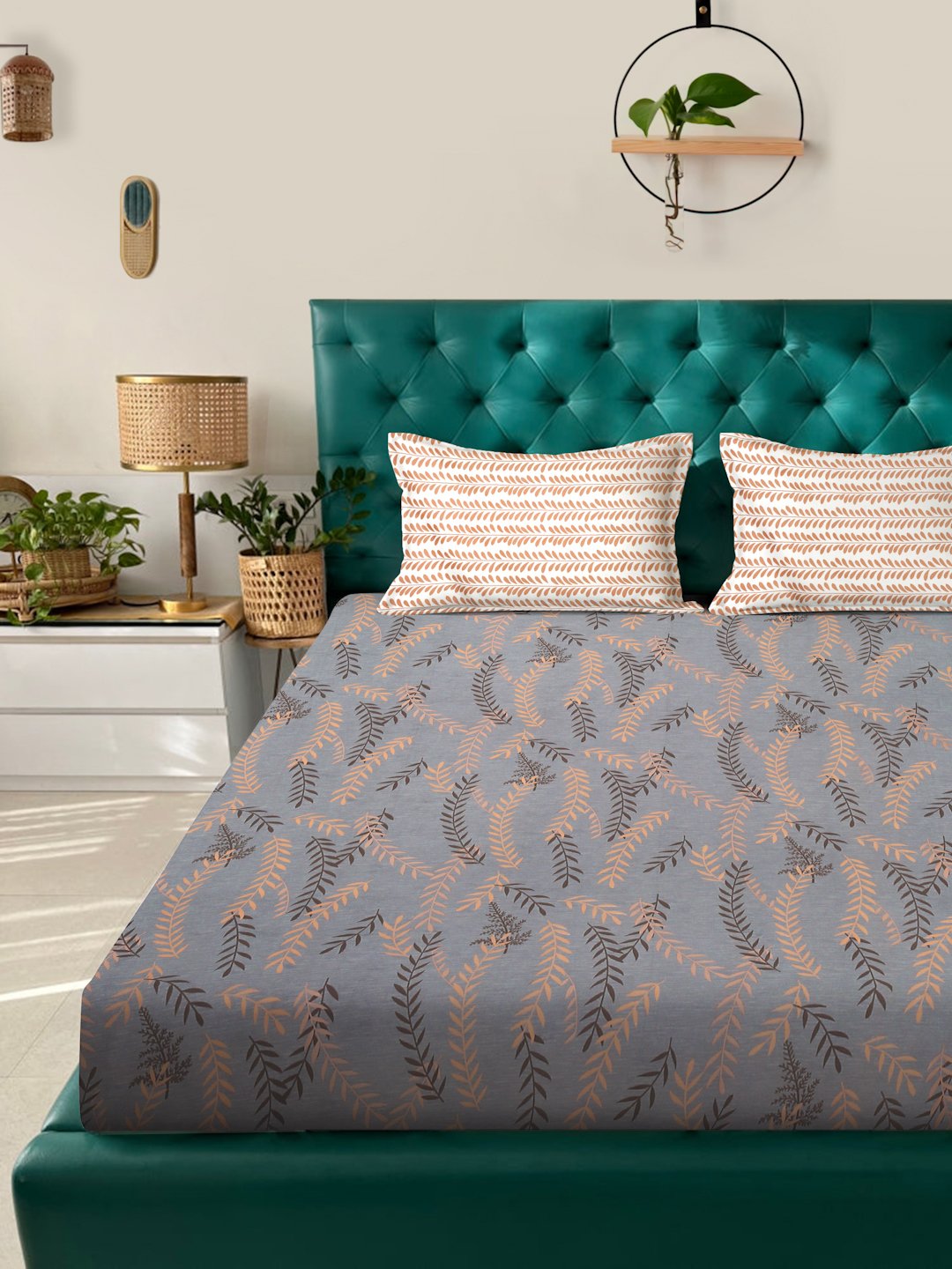 Grey Floral 300 TC Cotton Blend Double Bedsheet in Book Fold Packing