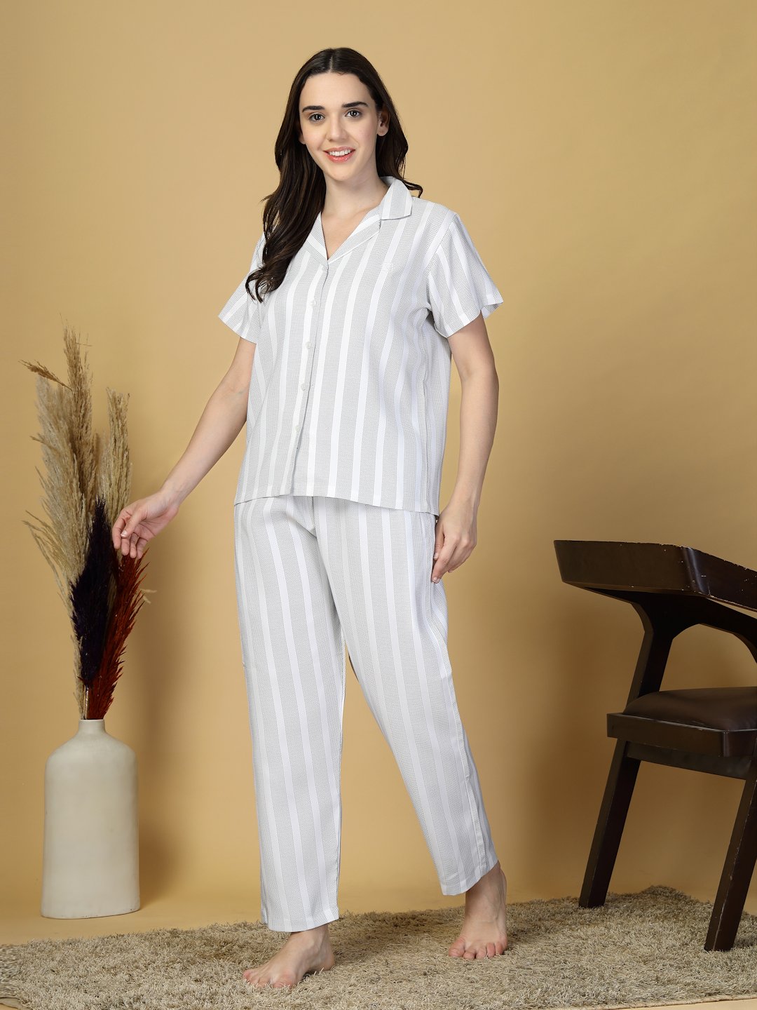 Women White Striped Cotton Blend Night Suit