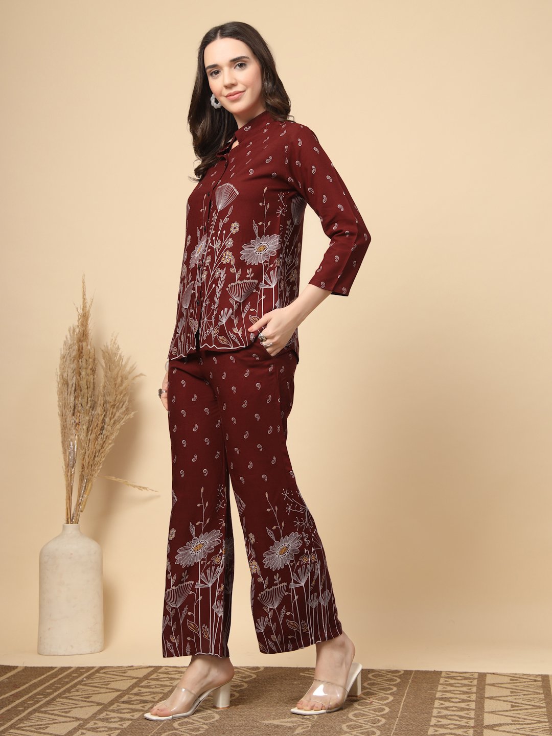 Maroon Cotton Printed Shirt With Trousers Co-Ords Set