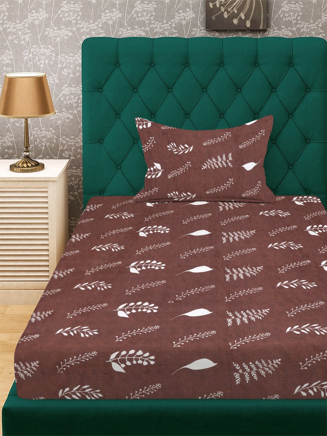 Brown Floral 300 TC Cotton Blend Single Bedsheet with Pillow Cover