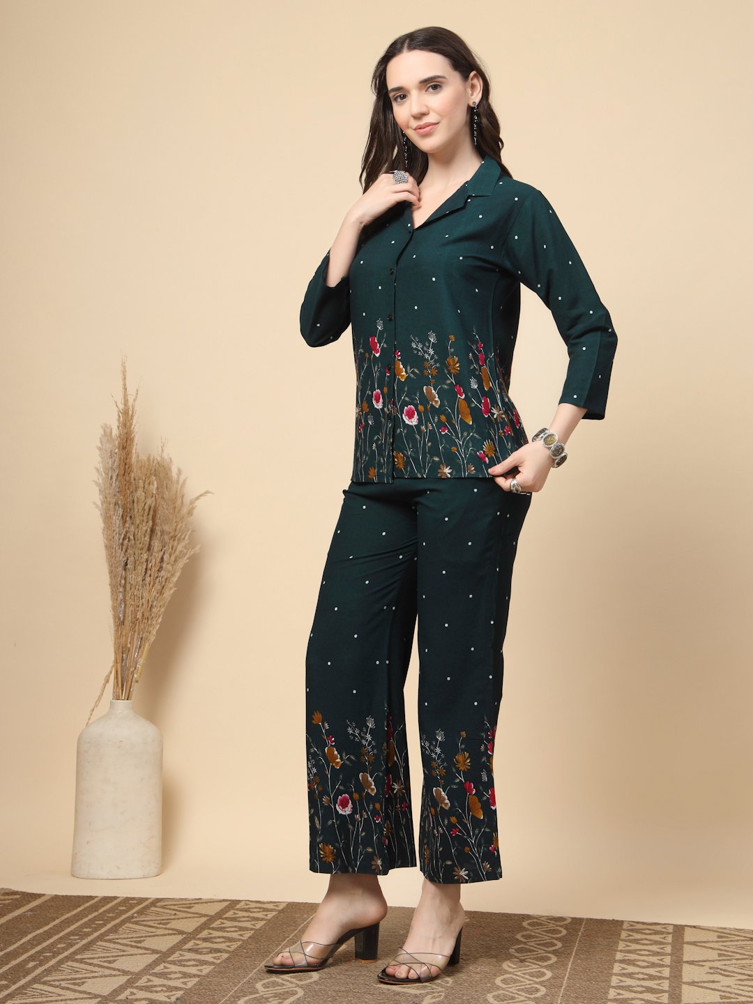 Green Cotton Printed Shirt With Trousers Co-Ords Set
