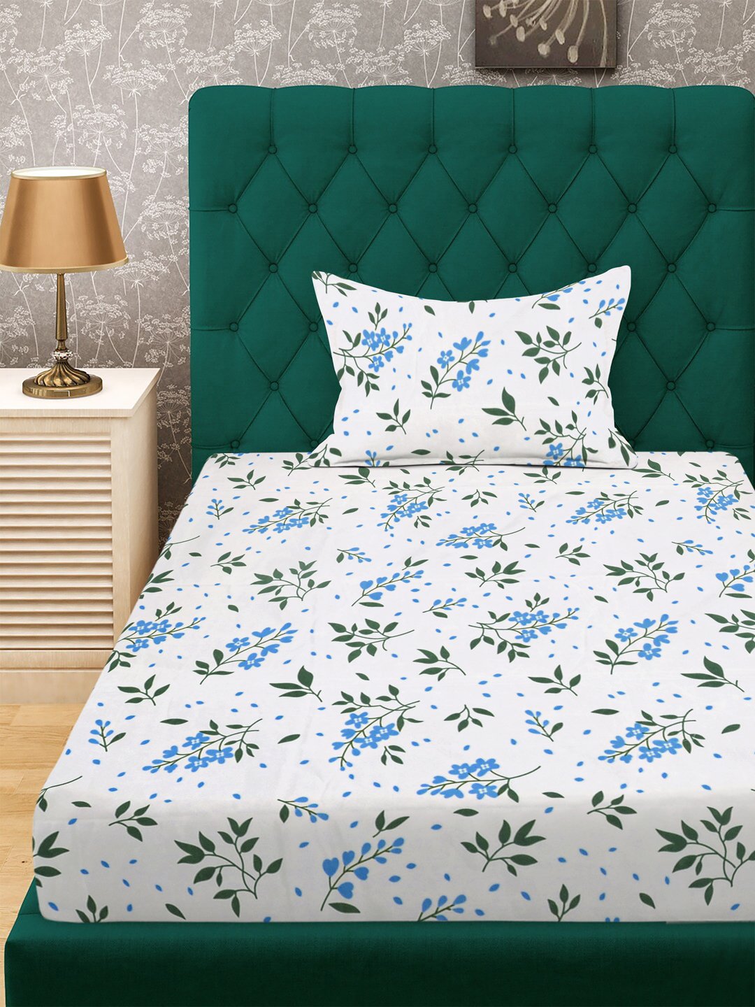 White Floral 300 TC Cotton Blend Single Bedsheet with Pillow Cover