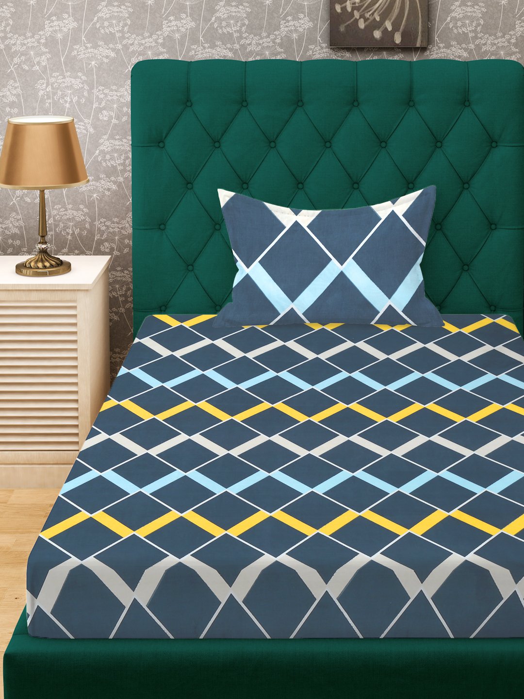 Blue Geometric 300 TC Cotton Blend Fitted Single Bedsheet in Book Fold Packing