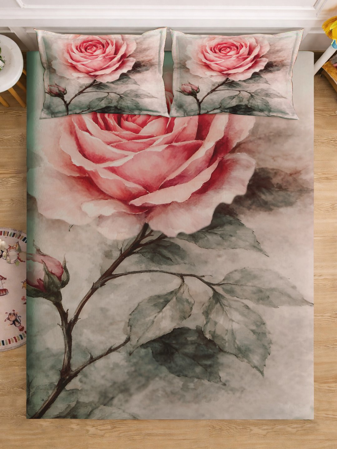 Pink Digital Floral Printed Cotton Blend Fitted Double Bedsheet with 2 Pillow Covers