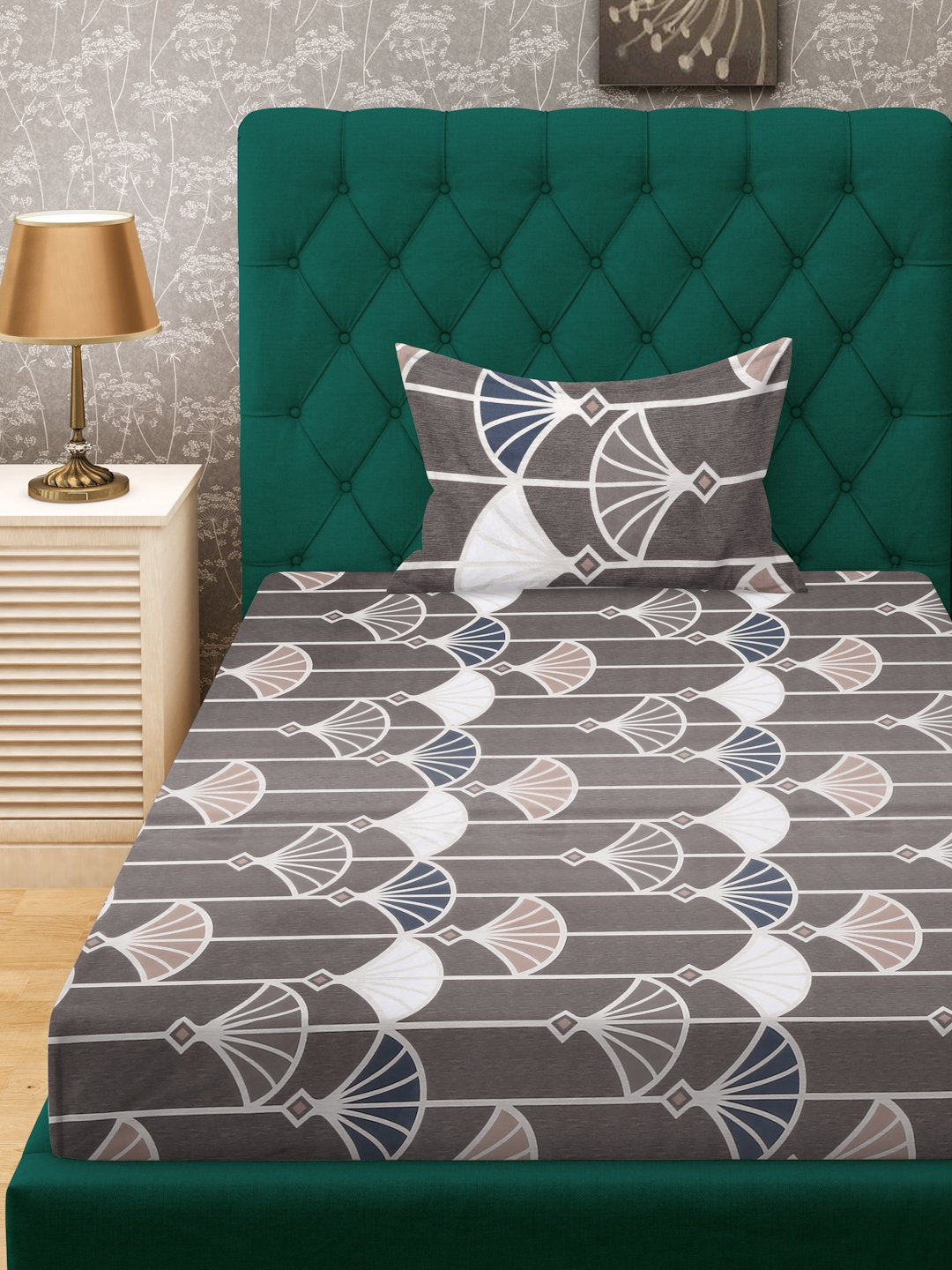 Brown Floral 300 TC Cotton Blend Fitted Single Bedsheet Set in Book Fold Packing